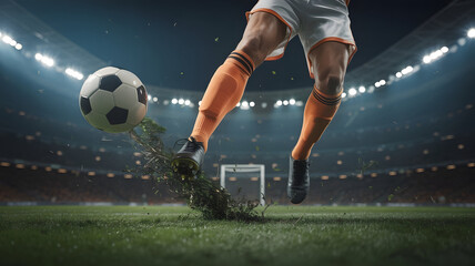 Naklejka premium Soccer Player Kicking Ball in Stadium Action Scene