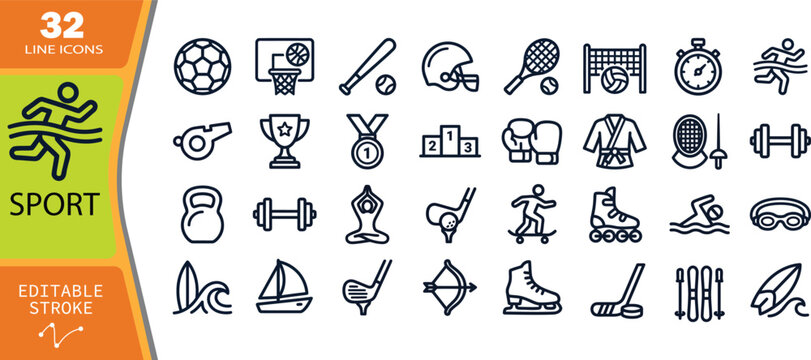 Collection of 32 outline representing diverse sports and athletic activities, including team sports, individual pursuits, and water activities