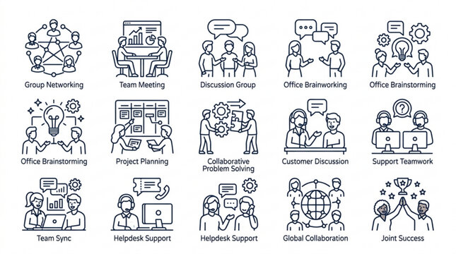 Detailed business interaction and office communication line icon set for project management