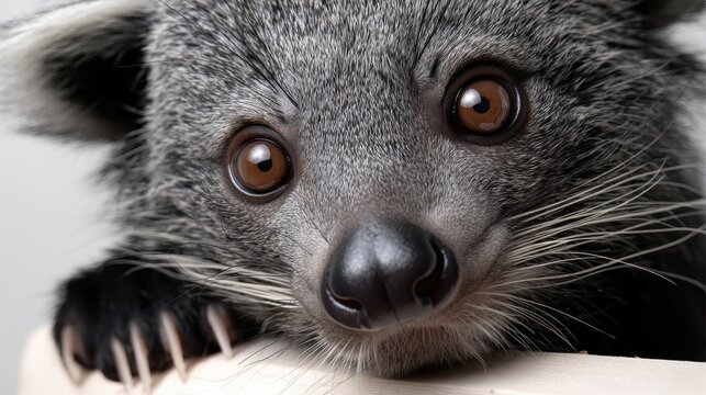A close-up of a raccoon's face with its eyes wide open and whiskers visible.