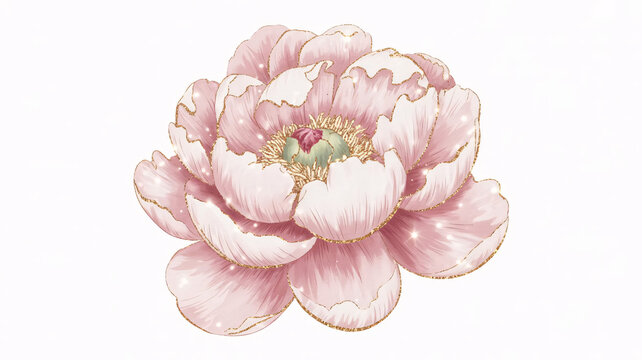 Pink peony flower, floral illustration, watercolor bloom, gold accents