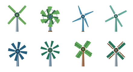 Fototapeta premium Set of Flat Vector Icons Illustrating Various Wind Turbine Designs