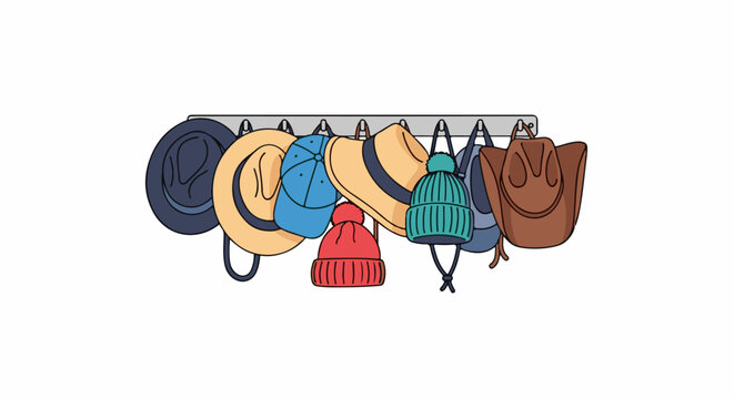 Assorted headwear and bags hanging on a rack