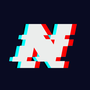 Glitchy white letter N with cyan and red offsets on a dark background