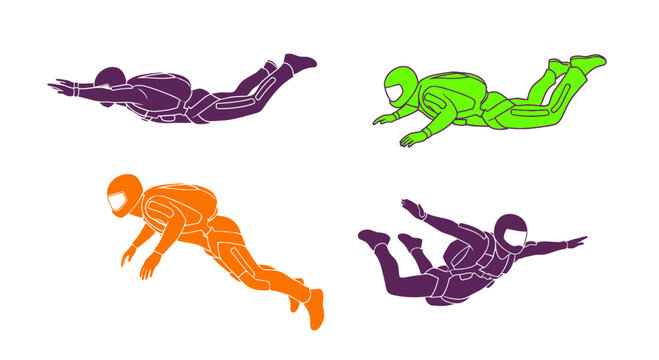 Set of Colorful Skydiving Silhouettes in Freefall Positions