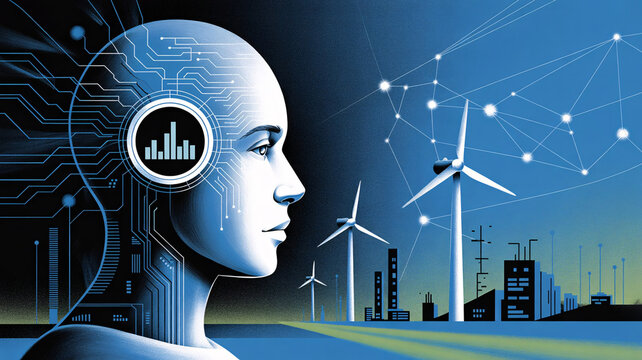 Robot head, futuristic technology, renewable energy, sustainable industry