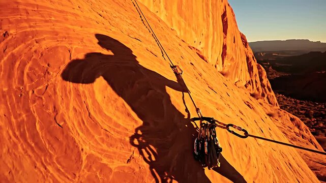 Shadow of a rock climber on a textured red sandstone cliff at sunset. Climbing gear and safety ropes are anchored to the rock face. Extreme sports concept, ideal for outdoor lifestyle marketing.