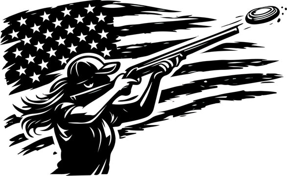 Dynamic sporting clays shooting scene with athlete aiming at flying clay targets in competitive outdoor sport style
