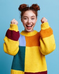 Close up portrait of dancing girl in colorful sweater on modern background