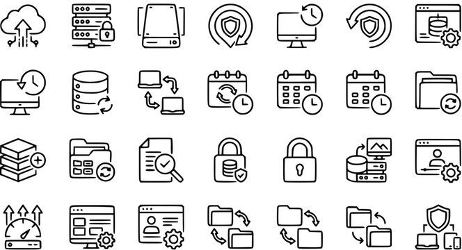 Technology line art icons set: cloud, server, hard drive, security, data, calendar, computer, database, files, lock, speed, configuration