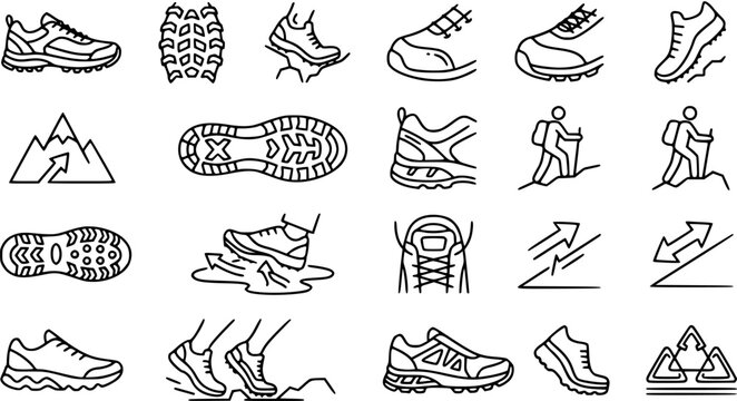 Outdoor Adventure and Hiking Footwear Line Art Icons Set. Trekking Shoes, Mountain, and Trail Running Outline Symbols.