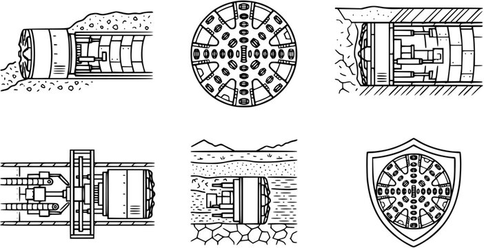 Construction Tunnel Boring Machine (TBM) and Tunneling Process Line Art Icon Set. Engineering, Mining, and Infrastructure Industry Tools and Equipment Outline Illustrations.