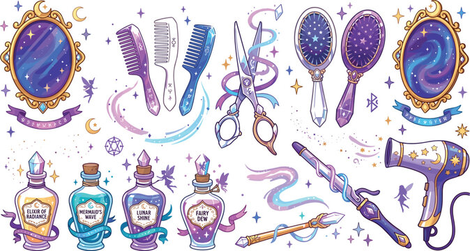 Mystical Celestial Beauty Vector Set Featuring Galaxy Mirrors Magic Elixir Bottles Crystal Styling Tools and Enchanted Hair Accessories for Fantasy Branding