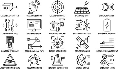 Fototapeta premium Laser Measurement Technology Line Art Icons Set: Surveying, Positioning, and Engineering Devices Outline Symbols Collection