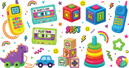 Naklejka premium Retro 90s Kids Toy Vector Set Featuring Neon Cassette Tapes Toy Phones Alphabet Blocks and Colorful Pull Along Dinosaur for Nostalgic Nursery Branding