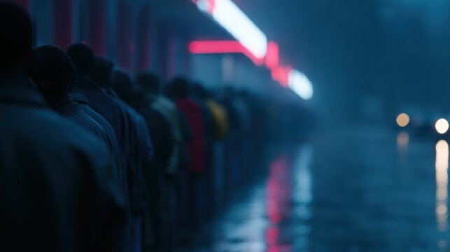 Anonymous citizens waiting in long fuel ration line during fictional energy shortage, neon signs reflecting on wet streets, emotional documentary style