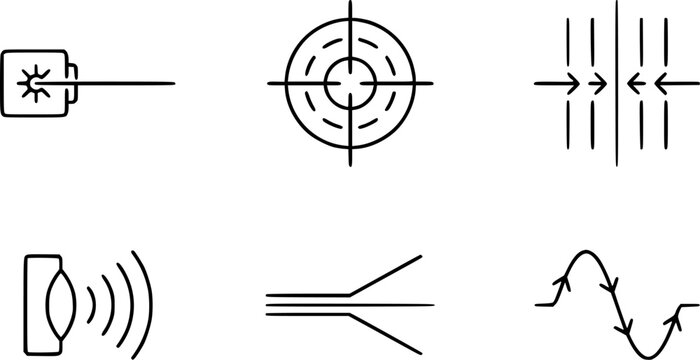 Science and Engineering Line Art Icons Set: Laser, Target, Pressure, Sound, Optics, and Wave Glyphs for Physics and Technology Concepts