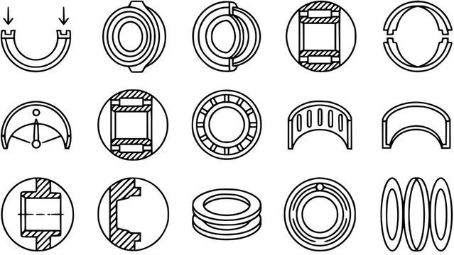 Industrial Mechanical Engineering Bearings and Machine Components Outline Icons Set