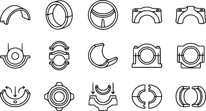 Mechanical Engineering Industrial Bearings and Bushings Line Art Icons Set. Automotive Machine Components and Power Transmission Elements Glyph Collection.