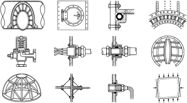 Mechanical Engineering and Structural Design Technical Drawings Collection. Black and white line art diagrams of industrial components, marine structures, valves, and stress principles.