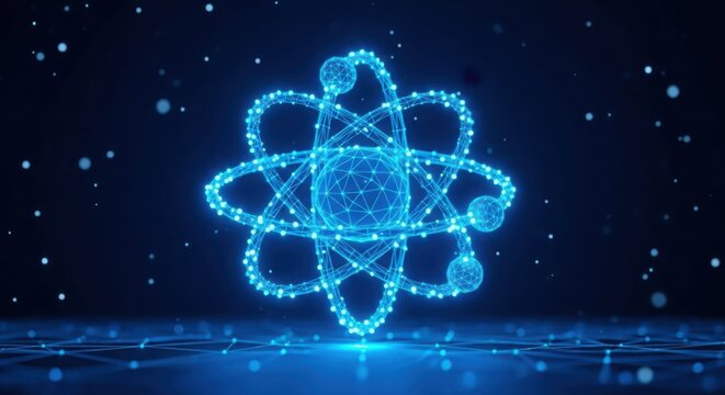 Glowing blue atom model with digital particles in space illustration