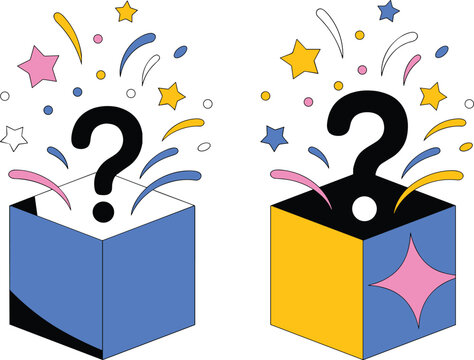 Mystery Box Surprise Vector Set with Question Mark Confetti and Stars Bursting Out for ECommerce Giveaways Lucky Draws and Gaming Rewards