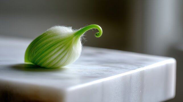 A single green onion with a curled stem sits on a white marble countertop.