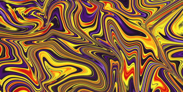 Vibrant abstract liquid marble texture photo featuring swirling patterns of deep purple bright yellow and fiery orange colors creating a dynamic fluid motion effect suitable for modern artistic design
