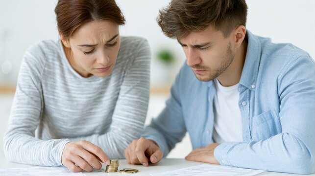 Young couple counting coins at kitchen table beside unpaid bills, economic pressure concept
