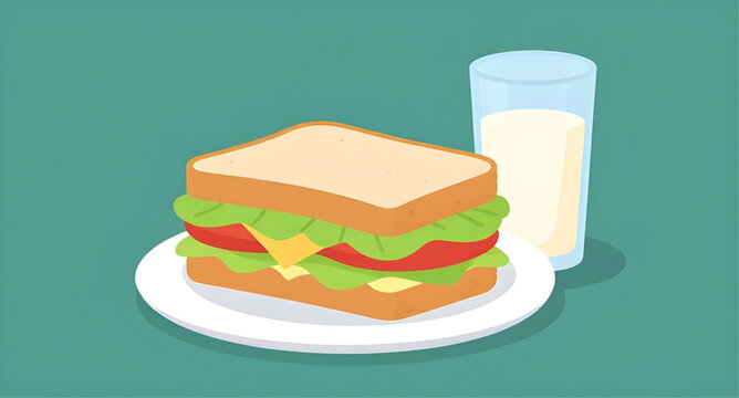 milk, sandwich, breakfast, food, lunch, dairy, snack, bread, meal, healthy, flatdesign, beverage, cartoon, tasty, vector, illustration, isolated