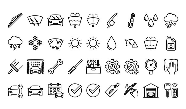 Automotive Windshield Cleaning and Wiper Line Icon Collection Vector Car Maintenance Set