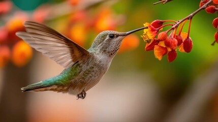 Obraz premium Graceful hummingbird sipping nectar from an exotic bloom in vibrant garden setting, showcasing nature's delicate artistry