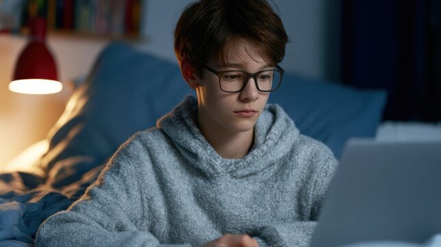 Teenager attending online class from bedroom during fictional outbreak