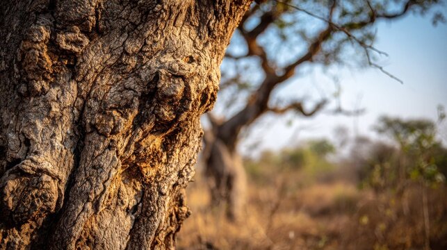 Textured rough bark of an ancient marula tree showing intricate natural patterns in sunlight