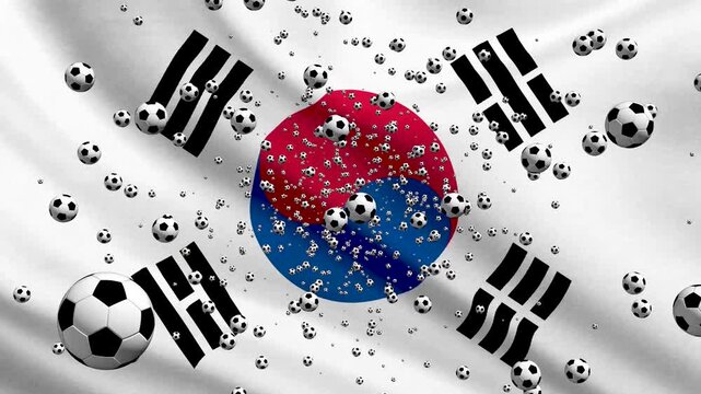 South Korea Flag Waving Background with Spinning Soccer Balls Loop