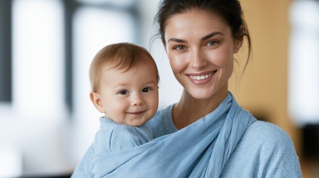 Working mother smiling while bringing baby to office workspace multitasking concept
