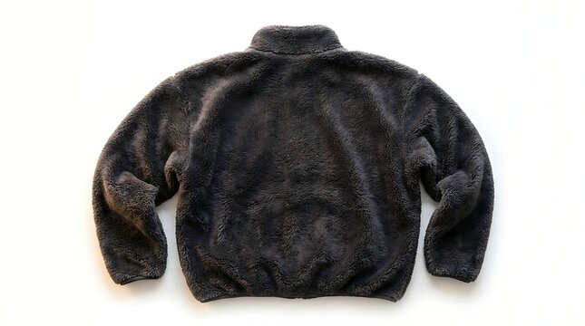 Back view of a dark grey fuzzy fleece jacket isolated on white background