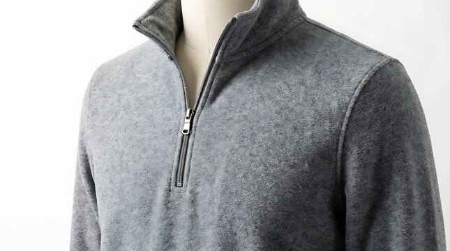 Closeup of a grey fleece quarterzip pullover on a mannequin