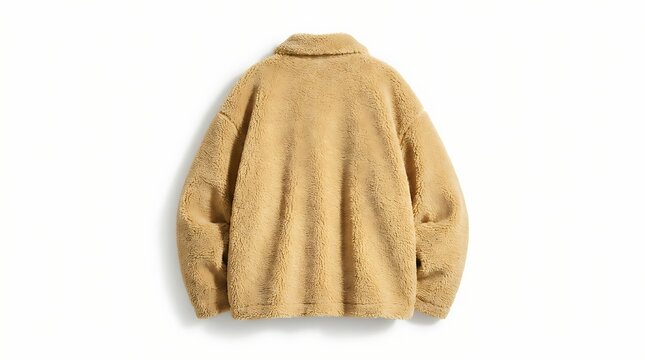 Back view of a beige fuzzy fleece jacket isolated on white background