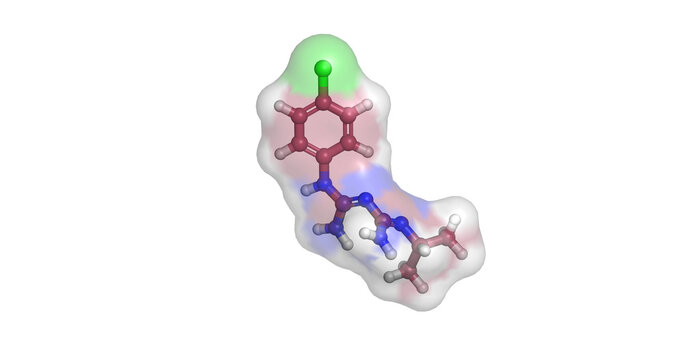 Proguanil, biguanide derivative antimalarial prodrug and dihydrofolate reductase inhibitor, 3D molecule 4K