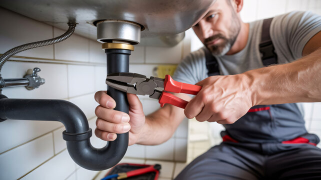 Plumber repairing sink, fixing pipe, handyman working, plumbing tools, maintenance service