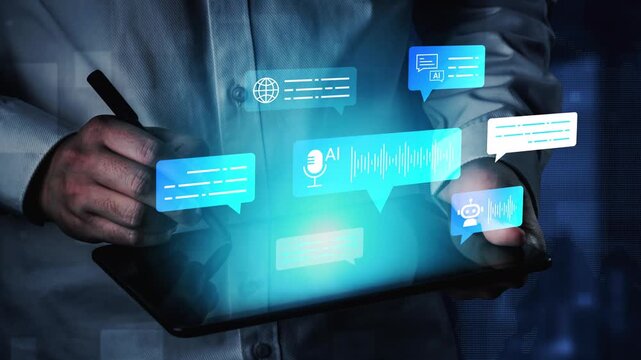 Human hands holding tablet with glowing icons representing artificial intelligence, speech recognition, and data in a modern digital interface concept Gluon.