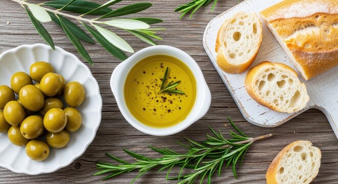 Delicious Olive Oil Dip with Rosemary, Olives, and Crusty Bread on a Rustic Wooden Table