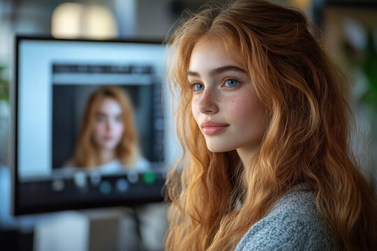 Woman with long red hair looking at TV screen.
