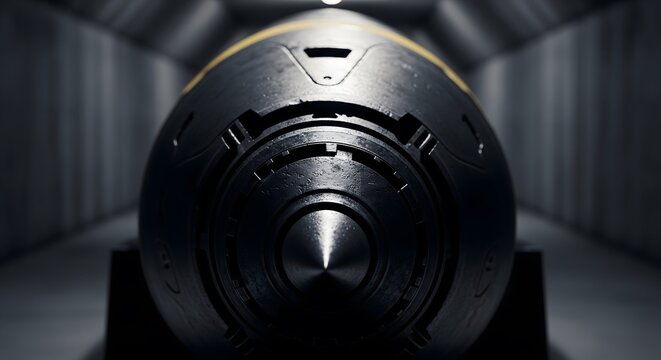 Close-up of a dark metallic missile warhead with a yellow stripe in a bunker