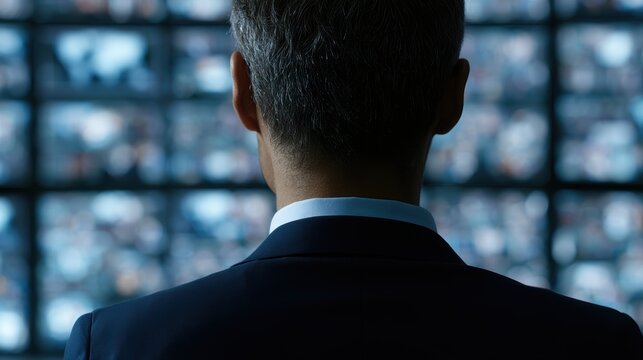 Businessman monitoring world news on multiple glowing monitors at night