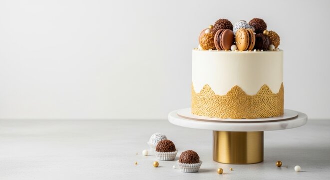 Elegant White and Gold Cake Laden with Luxurious Chocolates and Macarons on a Pedestal Stand