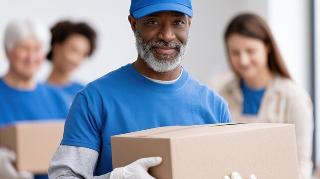 Humanitarian volunteers distributing food boxes in community center