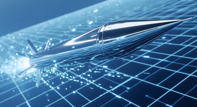 Futuristic metallic missile flying at high speed over a blue digital grid with glowing light particles, representing advanced aerospace technology and defense.