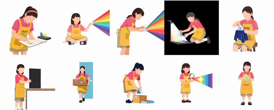 Vector illustration set of a schoolgirl conducting physics experiments with glass prisms to study light refraction and the rainbow spectrum.